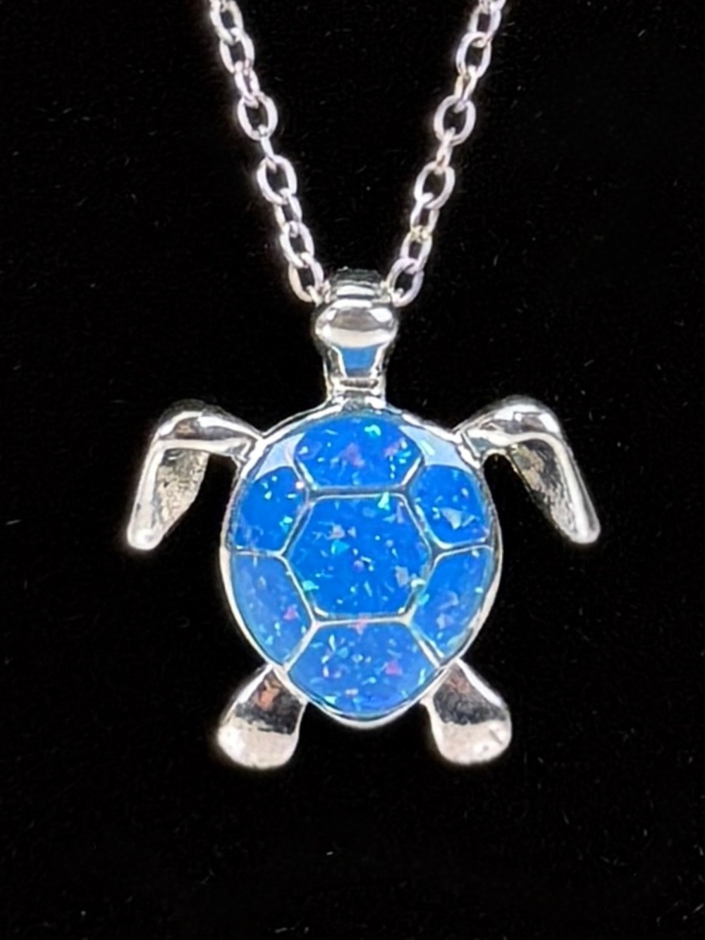 Blue Mosaic Sea Turtle Pendant Necklace Silver Tone Coastal Ocean Jewelry